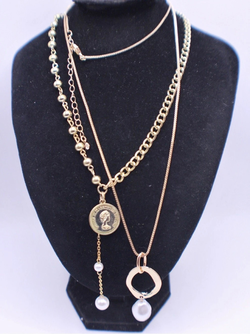 2 necklace lot gold tone with faux pearl accents